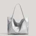 Silver metallic tote bag, spacious shoulder bag and stylish underarm commuting handbag for women. - Silver