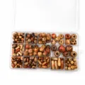 Detail view of assorted wooden beads in a clear organizer box, perfect for DIY jewelry and crafts. - Painted Flower Boxed Set / 230 Pieces/Pack / Multicolor