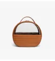 Clear cosmetic bag detail view, transparent makeup organizer with brown handle and textured base. - Brown
