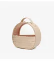 Beige round cosmetic bag with transparent window, portable handle and zip closure for travel. - Apricot