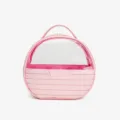 Borsa per cosmetici rotonda rosa con finestra trasparente, organizzatore da viaggio portatile. - Rosa