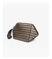 Bronze geometric clutch bag detail showing unique striped texture, black wrist strap, and zipper. - Metallic