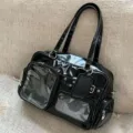 Sac ita noir en cuir PU brillant avec fenêtres transparentes pour goodies et étudiants. - Noir