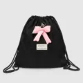 Zwarte trekkoord rugzak met roze strik schattige casual canvas tas voor dames dagelijks - Zwart