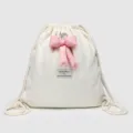 Canvas trekkoord rugzak met roze strik, minimalistische casual stijl, schattige Koreaanse tas. - Broken Wit