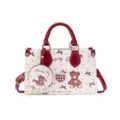 Cute bear print leather handbag with coin purse, stylish shoulder crossbody tote bag for women. - White