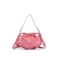 Pink woven shoulder bag for women, stylish crossbody handbag with drawstring and metal fly decor. - Pink