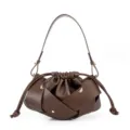 Brown Leather Shoulder Bag, Fashion Ruched Crossbody Handbag with Knotted Strap Design - Coffee