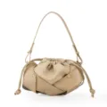 Khaki pleated shoulder bag for women, stylish faux leather hobo handbag with drawstring closure. - Apricot