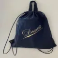 Dark blue nylon drawstring laptop backpack with front pocket and top handle daily use. - Blue