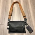 Three-Box black crossbody bag with wide brown patterned strap, casual sling chest bag. - Style 67 / Black