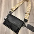 Black PU leather crossbody bag for men with wide chevron pattern shoulder strap daily casual bag - Style 68 / Black