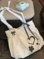 Sac cabas en toile à pois coréen avec nœud mignon, grand sac d'épaule pour les voyages. - Blanc