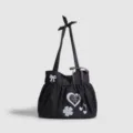 Sac cabas à pois style coréen mignon nœud cœur rétro sac à bandoulière en coton - Noir