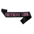 Detail shot of the black birthday satin sash with pink letter print, festive party decor. - Black And Pink Style (JD046)