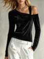 Detail shot of a black corduroy off-shoulder long sleeve top with unique single strap design. - S / Black