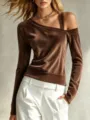 Women brown corduroy one shoulder long sleeve top asymmetric stylish casual tee shirt - Coffee