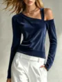 Corduroy asymmetrical one shoulder long sleeve detail view, elegant ladies top design. - S / Dark Blue