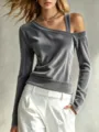 Grey corduroy asymmetrical long sleeve t-shirt with single strap cold shoulder top for women. - S / Gray