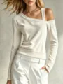 Chic asymmetric ribbed long-sleeve top with single shoulder strap for spring daily wear. - S / Off White