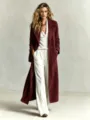 Burgundy suede long coat for women, elegant lapel straight winter outerwear fashion style. - S / Burgundy