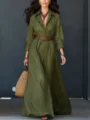Casual long sleeve olive green shirt dress with belt, perfect for autumn holiday style. - Army Green