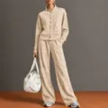 Modische Vintage Leo Muster Stehkragen Jacke und bequeme weite Hosen Set für Damen - S / Champagner