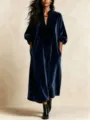 Long velvet dress for women with V-neck and lantern sleeves, elegant deep blue maxi style. - S / Dark Blue
