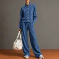 stilvoller vintage blaue Leopardenmuster Stehkragen jacke weite hose lässiger anzug. - Saphirblau