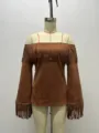 Brown faux suede off-shoulder top detail showcasing fringe and stylish flare long sleeves. - S / Brown