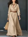 Featuring a long sleeve linen shirt dress design with button details and a stylish brown belt. - Off White