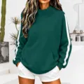 Women casual high neck ribbed sweatshirt with side stripes long sleeve autumn top wear. - S / Dark Green