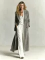 Grey suede long coat detail shot showing premium fabric texture and elegant fit. - S / Gray