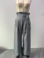 Grey high waist wide leg trousers detail, featuring paper bag waist and tie belt design. - S / Gray