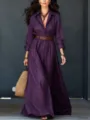 Detailed view of the purple cotton-linen maxi shirt dress highlighting the chic brown belt. - S / Purple