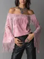 Detailed view of the pink suede off-shoulder fringe top showcasing flared sleeves. - S / Pink