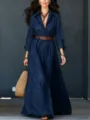 Detail shot of women's long-sleeve maxi shirt dress with belt, cotton-linen texture. - S / Dark Blue