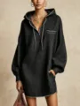 Long sleeve hooded sweatshirt dress casual mini dress textured fabric women autumn fashion - S / Dresses / Black