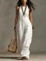 White sleeveless linen blend jumpsuit for women summer casual fashion elegant chic outfit. - S / Black