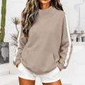 Women's casual turtleneck sweatshirt featuring stylish white side stripes and a cozy front pocket. - Khaki