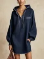 Casual women's long sleeve linen hoodie dress with contrast piping, perfect for resort vacation. - S / Dresses / Navy Blue