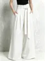 High waist linen wide-leg pants detail, featuring paperbag waist and stylish self-tie belt. - S / White