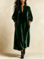 Elegant dark green velvet midi dress with V-neck, lantern sleeves and relaxed fit style. - S / Dark Green