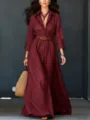 Burgundy long sleeve maxi shirt dress detail, belted waist, elegant flowing hemline and collar. - S / Burgundy