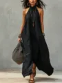Elegant black halter long dress for women, bohemian crinkled loose resort maxi dress. - S / Black