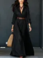 Women's Long Sleeve Black Cotton Linen Shirt Dress with Belt Maxi Outfit New 2026 - S / Black