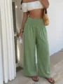 Grüne hochgelagerte gesmokte weite Damenhose, lässige Sommer Freizeithose für den Urlaub. - S / Grün