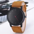 Minimalist men's quartz watch with black dial and brown leather strap for casual wear. - Brown
