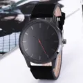 Minimalist mens quartz watch with black leather strap and large dial for daily casual wear. - Black