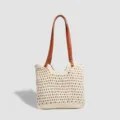 Sac cabas tissé décontracté pour femme, grand sac d'épaule de plage en paille avec poignées. - S / Blanc Cassé
